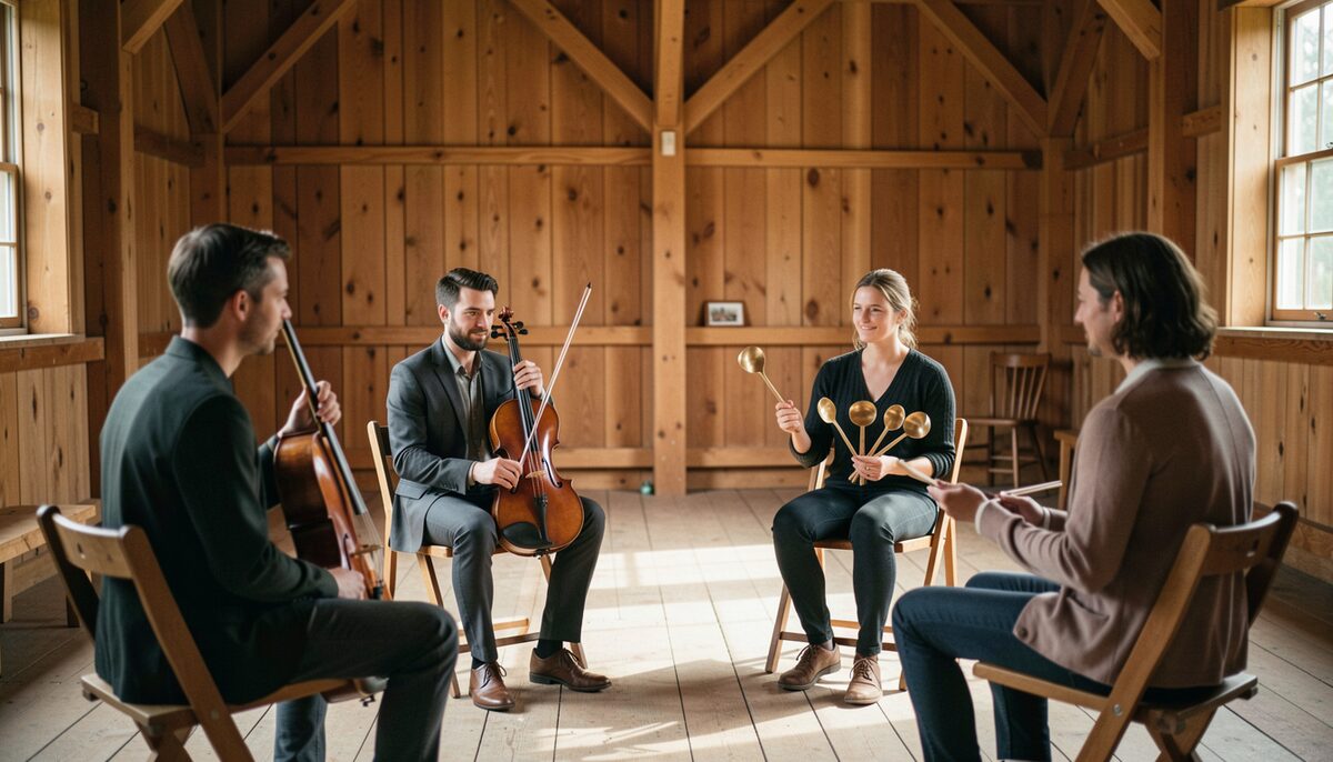 Musicians seated in a circle in a wooden hall, one holding a fiddle and another a spoons set