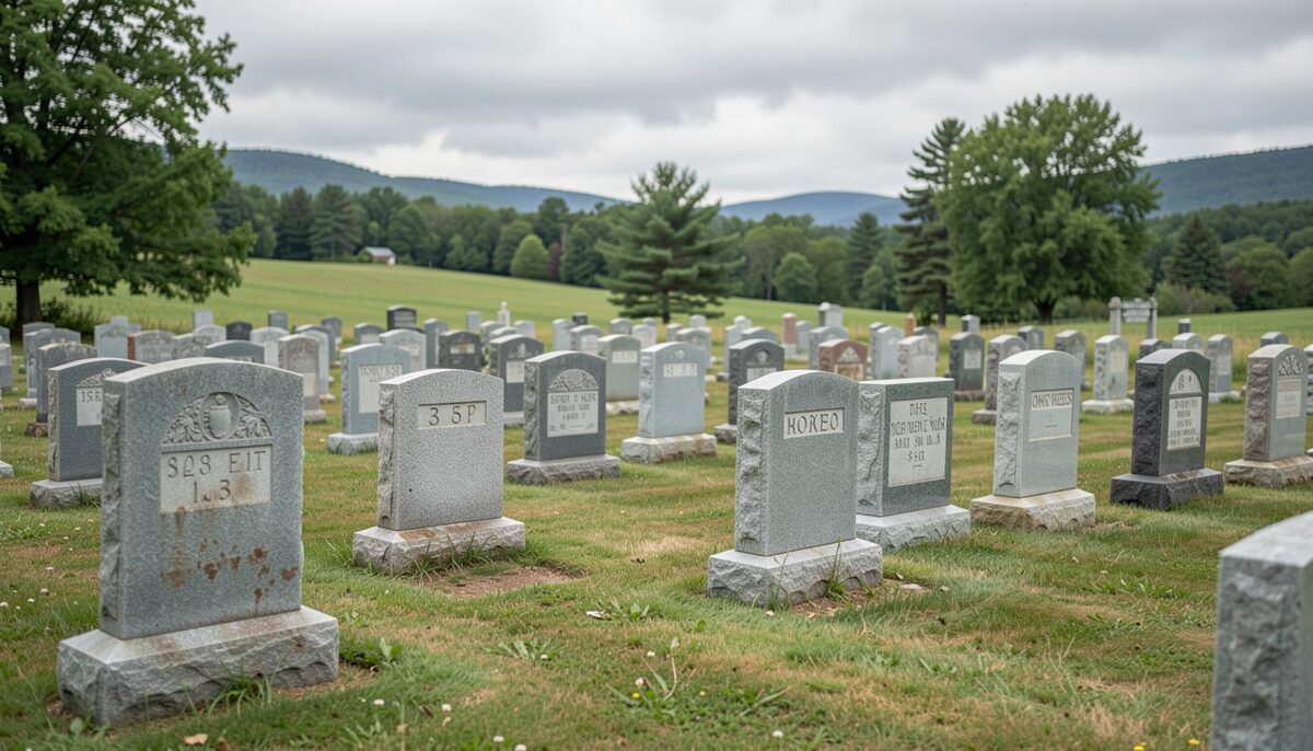 Rows of weathered granite headstones in a rural Quebec cemetery under a grey sky