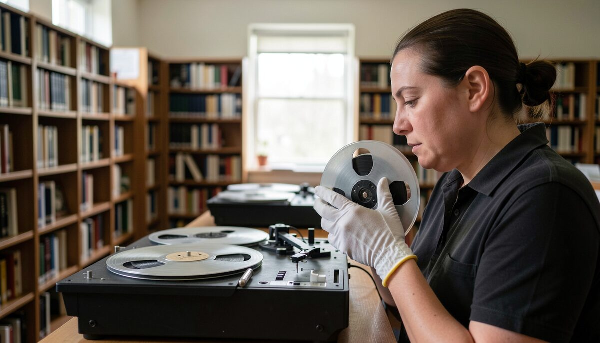A researcher wearing white cotton gloves listening to a reel to reel tape in a quiet public archive room